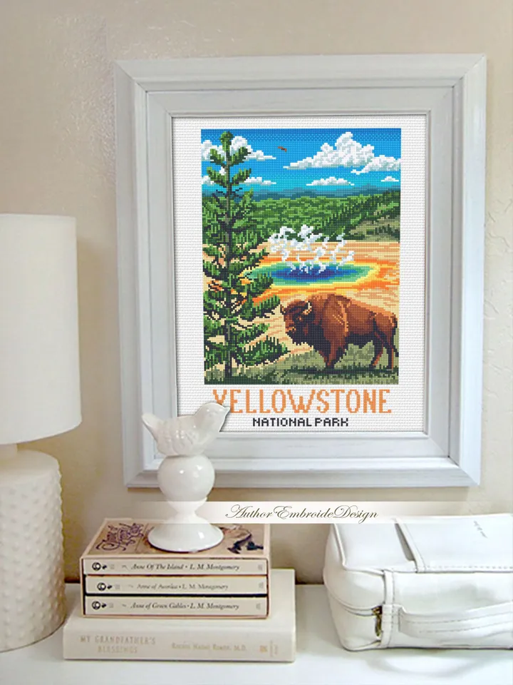 Yellowstone national park cross stitch pattern PDF download Buffalo cross stitch chart, Nature landscape pattern digital Travel poster #L100