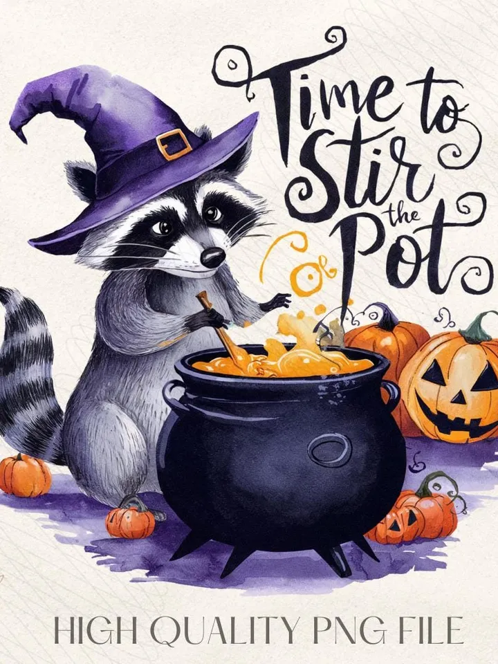 Time To Stir The Pot Png Funny Raccoon Witch Retro Halloween Png Spooky Season Png Funny Halloween Witch Brew Png Vintage design ORIGINAL
