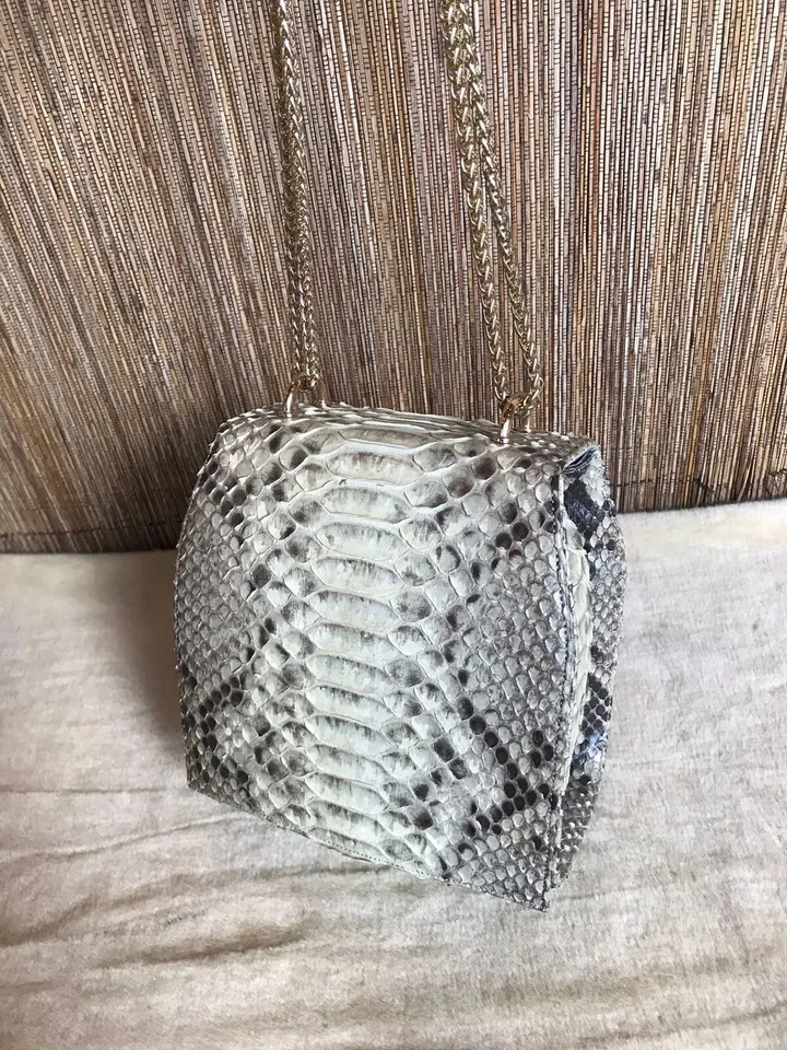 Genuine python skin classy crossbody bag / elegant classy snake print bag / designer gray purse / handbag with chain / classy shoulder bag
