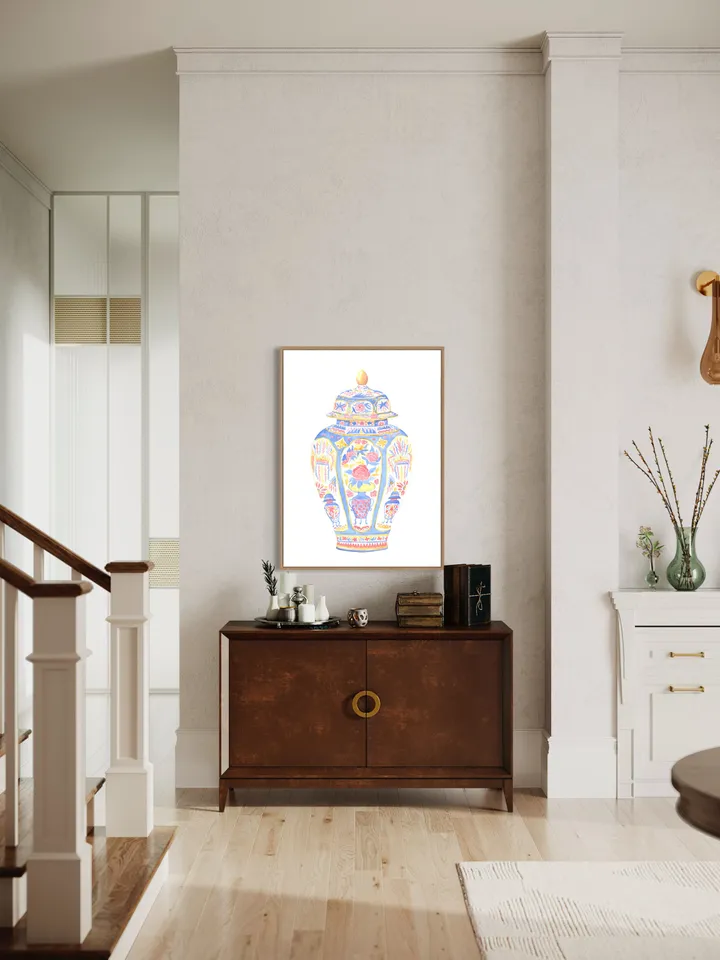 Blue Chinoiserie Vase Watercolor Painting, Pink Ginger Jar Art, Chinoiserie Chic Art, Hamptons Style, Vintage Chinoiserie, Charleston Art