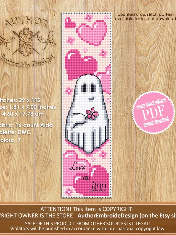 Ghost bookmark cross stitch pattern PDF download Valentine ghost cross stitch chart, Heart bookmark pattern digital PDF, Cute ghost #B370