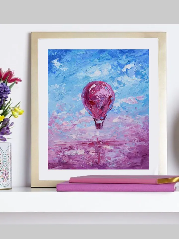 Hot Air Balloon Painting Original Art Pink lake Artwork 10 by 12" Skyscape Oil Painting by Juliya JC