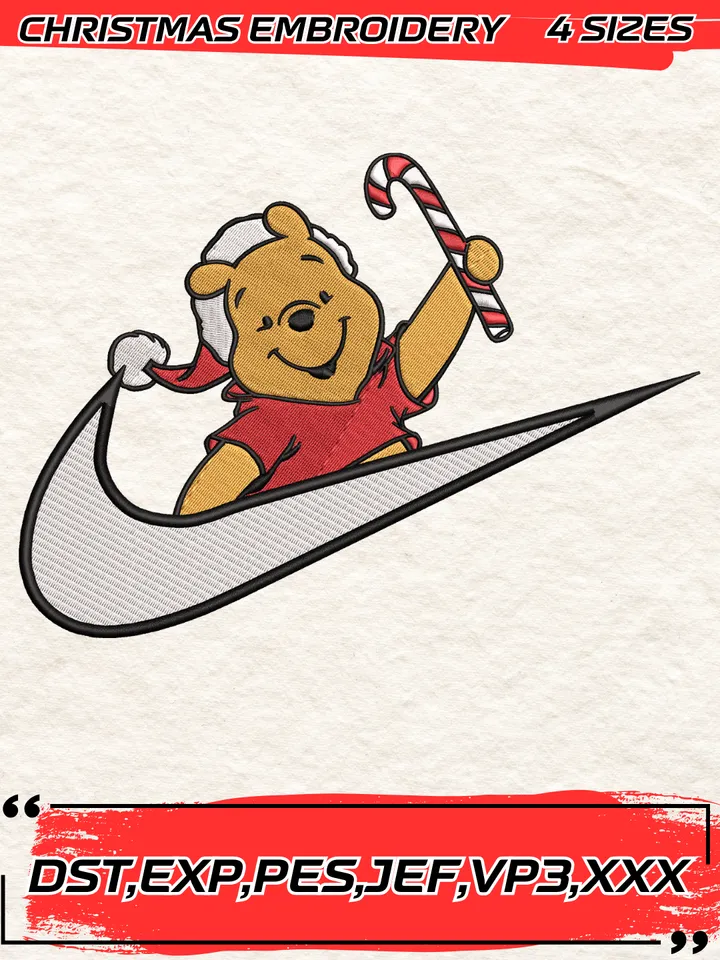 Swoosh Winnie the Pooh Christmas Embroidery Design,Christmas Embroidery Design,4 Sizes,Digital Download