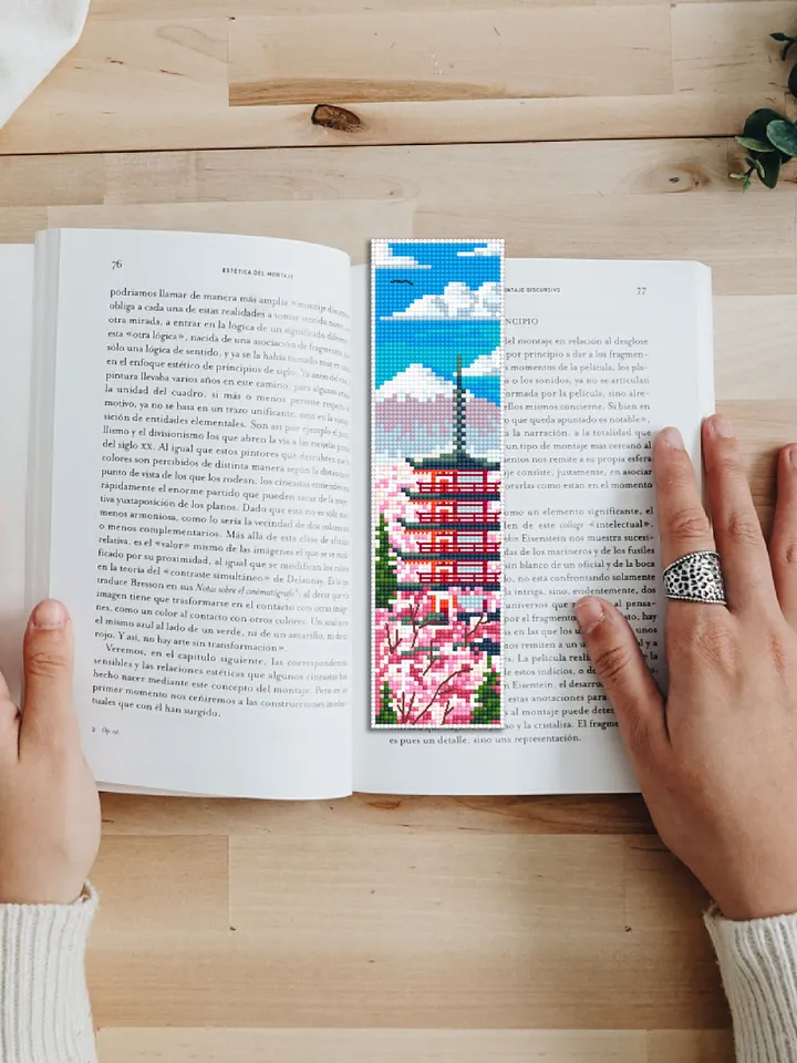 Spring bookmark cross stitch pattern PDF download Japanese pagoda cross stitch chart, Digital bookmark pattern PDF, Mount fuji, Sakura #B167