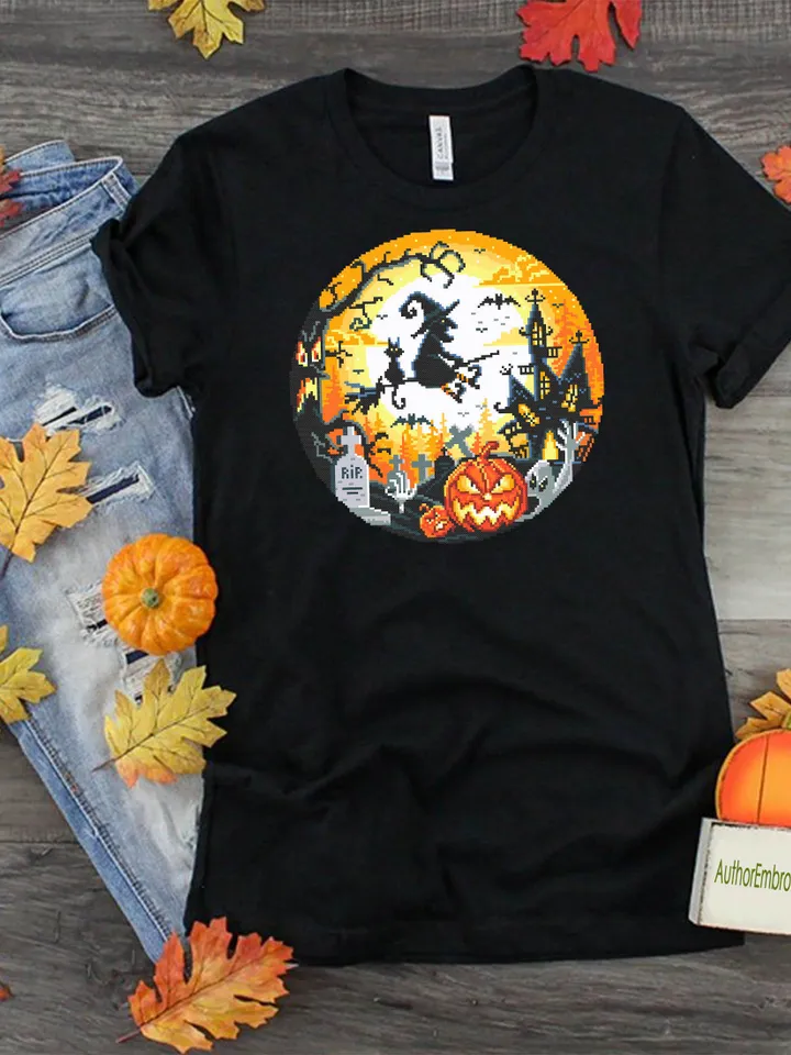 Halloween cross stitch pattern download PDF Halloween moon cross stitch chart Spooky cross stitch Cute Halloween witch Magic embroidery #H26