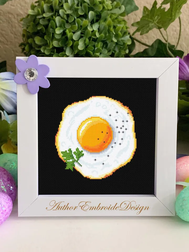 Fried egg cross stitch pattern PDF instant download Food cross stitch chart for beginners, Small egg pattern digital PDF, Kitchen decor #F21