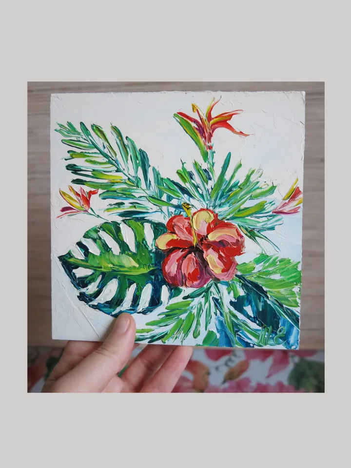 Original Oil Painting of Tropical Flower Exotic Red Flower Mini Oil Art for Home Decor
