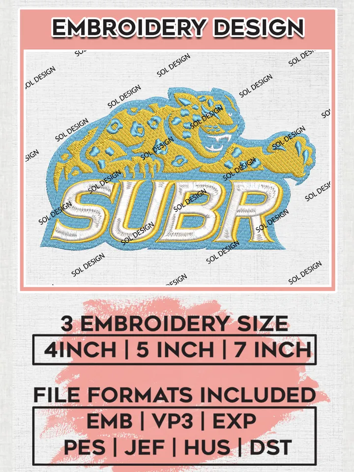 NCAA Subr Jaguars Team Logo Embroidery Design Files, NCAA Southern Jaguars Machine Embroidery, NCAA Teams, 3 sizes, NCAA Machine embroidery designs, Digital Download