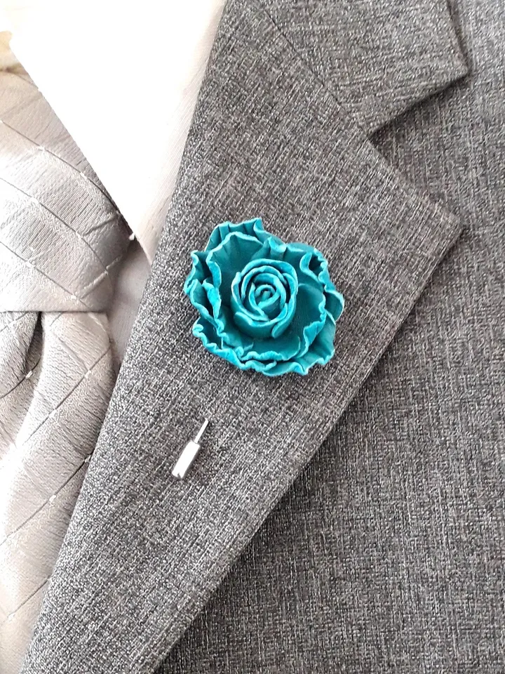 Turquoise rose men's lapel pin Leather boutonniere for him 3rd anniversary gift, art.12