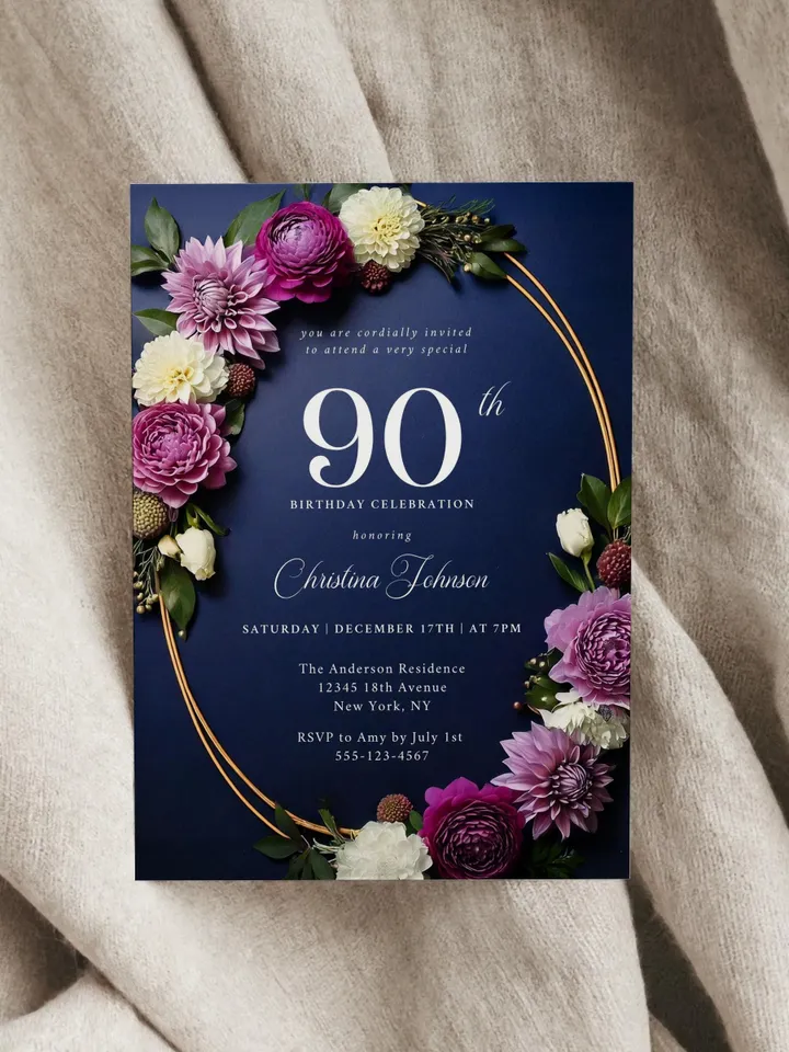 90th Birthday Party Invitation Canva Template for Mother Grandma, Moody Purple Flowers Navy & Gold, 90 Years Loved, Digital Invite