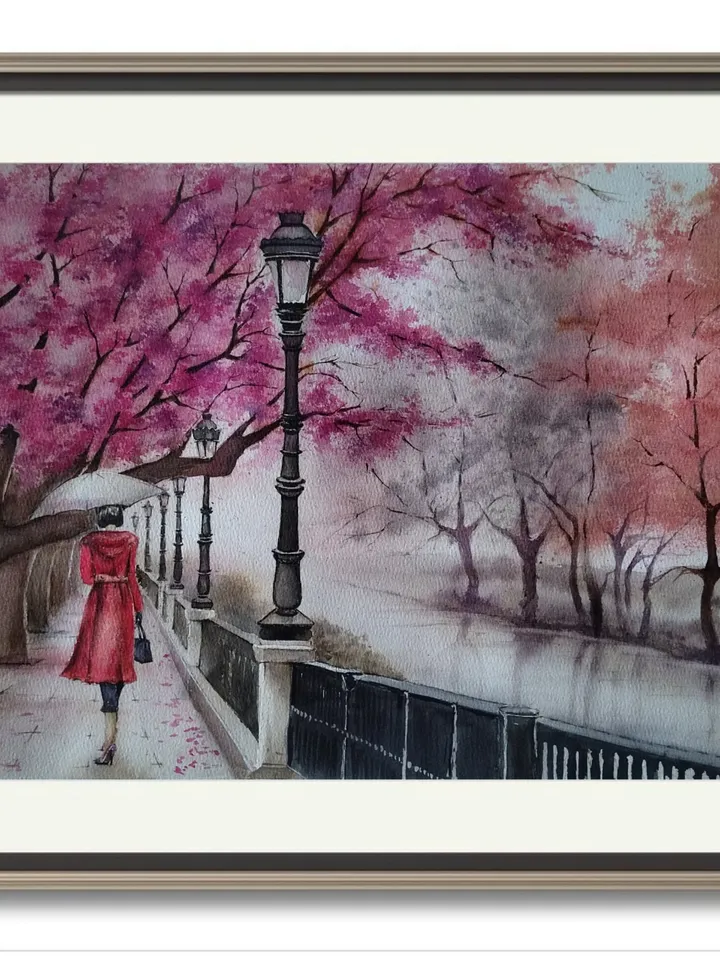 Original Watercolor Painting Urban Landscape Art Autumn Embankment Artwork Rainy Day Picture 30x40 cm by SoftWaves