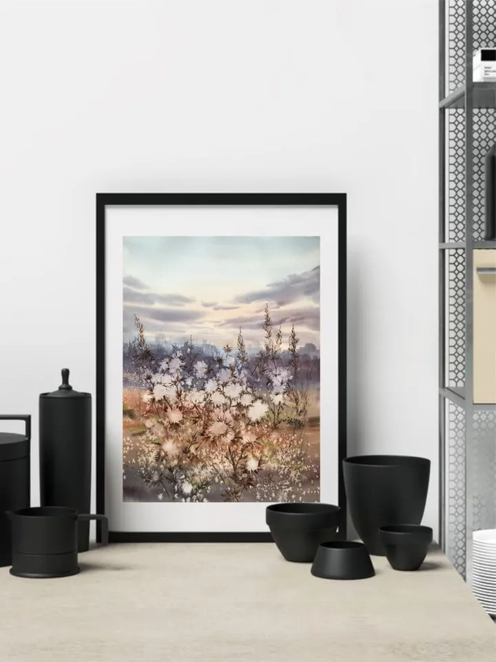 Meadow Original Watercolor Painting Field Landscape Wildflowers Art