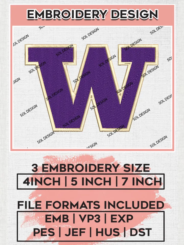 Washington Huskies Logo Machine Embroidery Design, NCAA Washington Huskies Embroidery Design Design files, NCAA Embroidery Designs, NCAA Machine Embroidery Designs, Digital Download