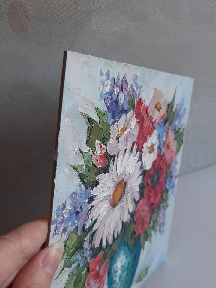 Small Flower oil painting Wildflowers Original art PoppiesTextured Vaze wall art Yellow flowers painting