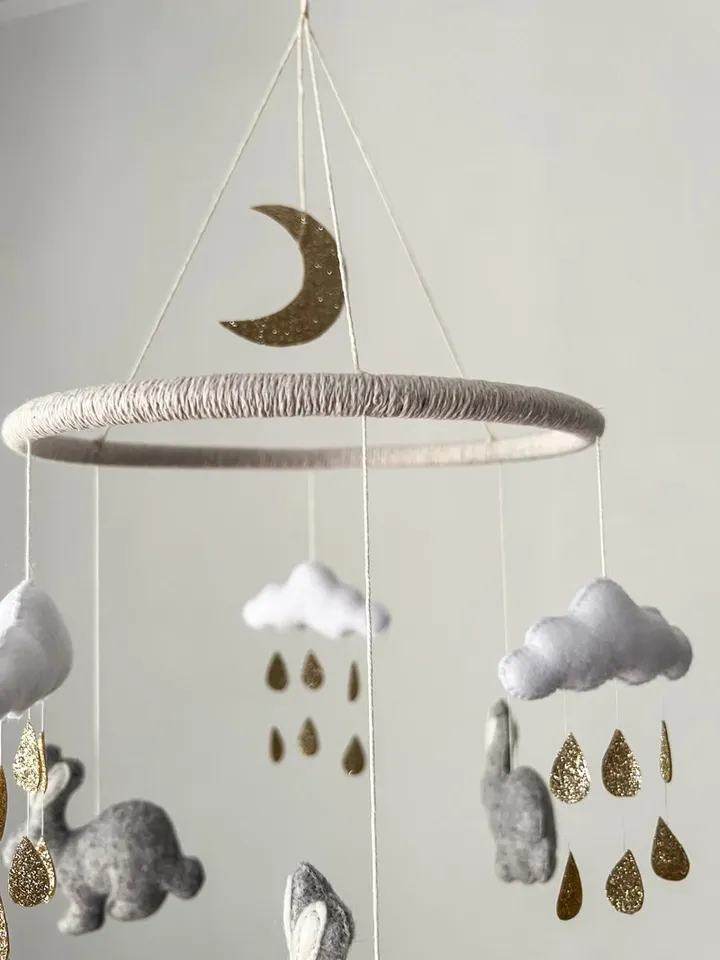 Bunny and Gold moon baby mobile, neutral nursery decor