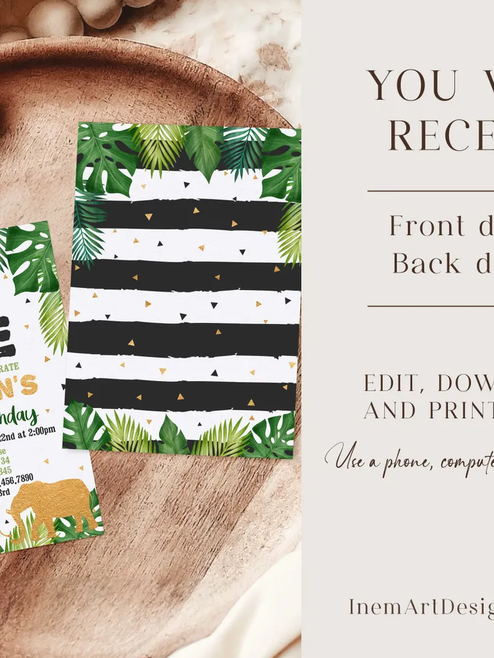 Safari Gold Birthday invitation, EDITABLE Jungle wild one Invitations, Boy 1st Birthday Invites Instant download Printable template