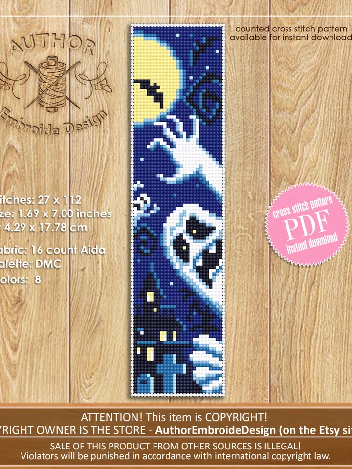 Halloween bookmark cross stitch pattern PDF download Ghost cross stitch chart, Handmade bookmark pattern digital, Spooky Haunted house #B44