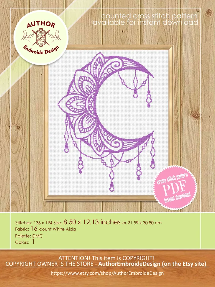 Crescent moon cross stitch pattern PDF download Mandala cross stitch chart, Mandala moon pattern digital PDF, Moon ornament embroidery #M192