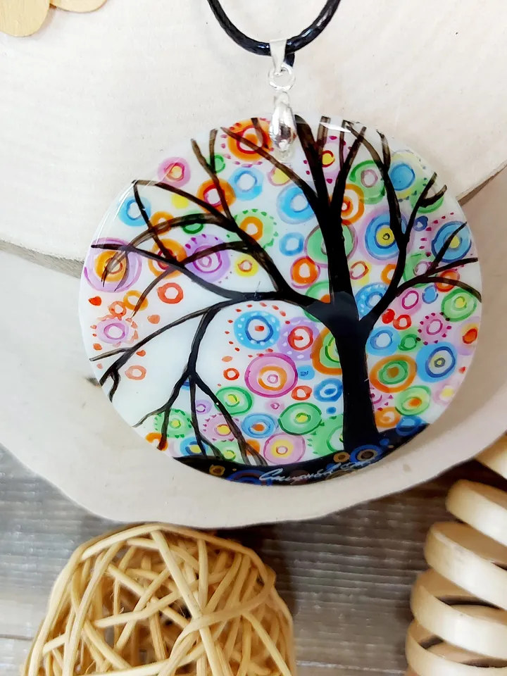 Mother-of-pearl Russian hand-painted necklace The Tree of Happiness Hand paint necklace pendant MOP pendant Hand painted miniature painting