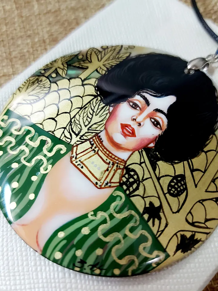 Pearl pendant necklace: Judith by Gustav Klimt on handmade necklace. Painted lacquer shell jewelry. Dainty gift for aesthetic women of power