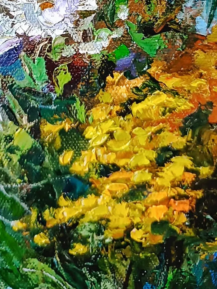 Oil Painting Bouquet Chamomile Flowers Original Artwork Canvas Wall Art Impasto Wild Flowers Painting 12 by 12 inches by Elena