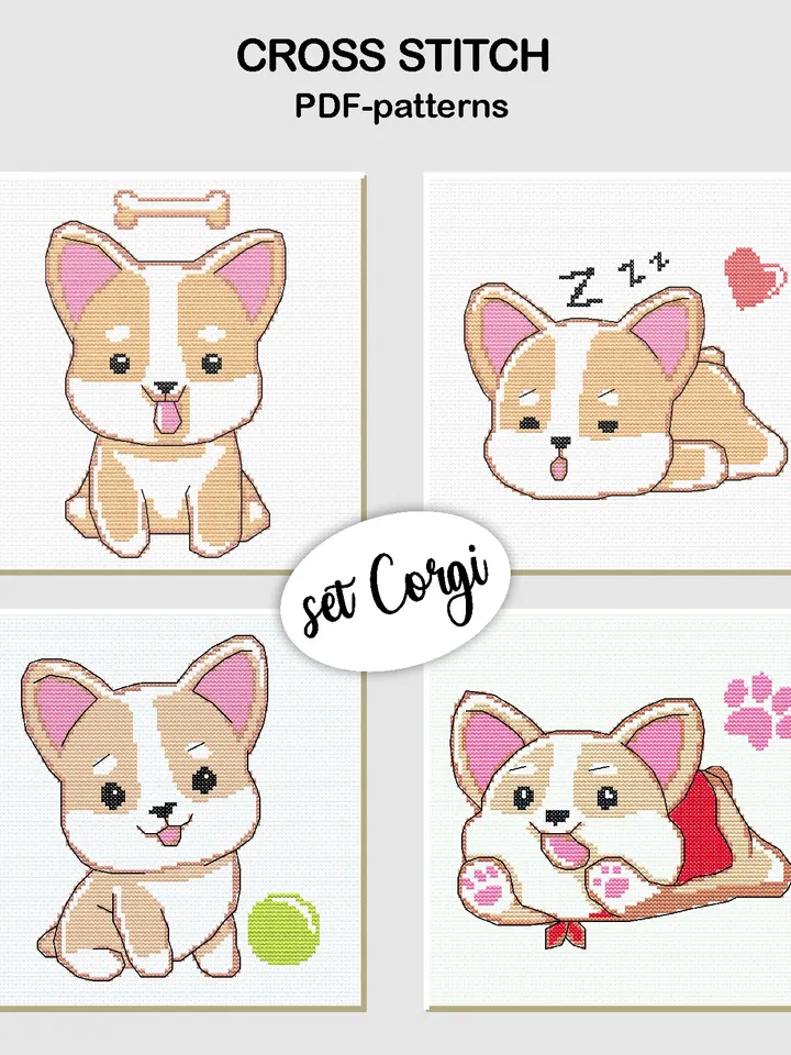 4 Cross stitch patterns / SET CORGI / Hand embroidery design Digital PDF file
