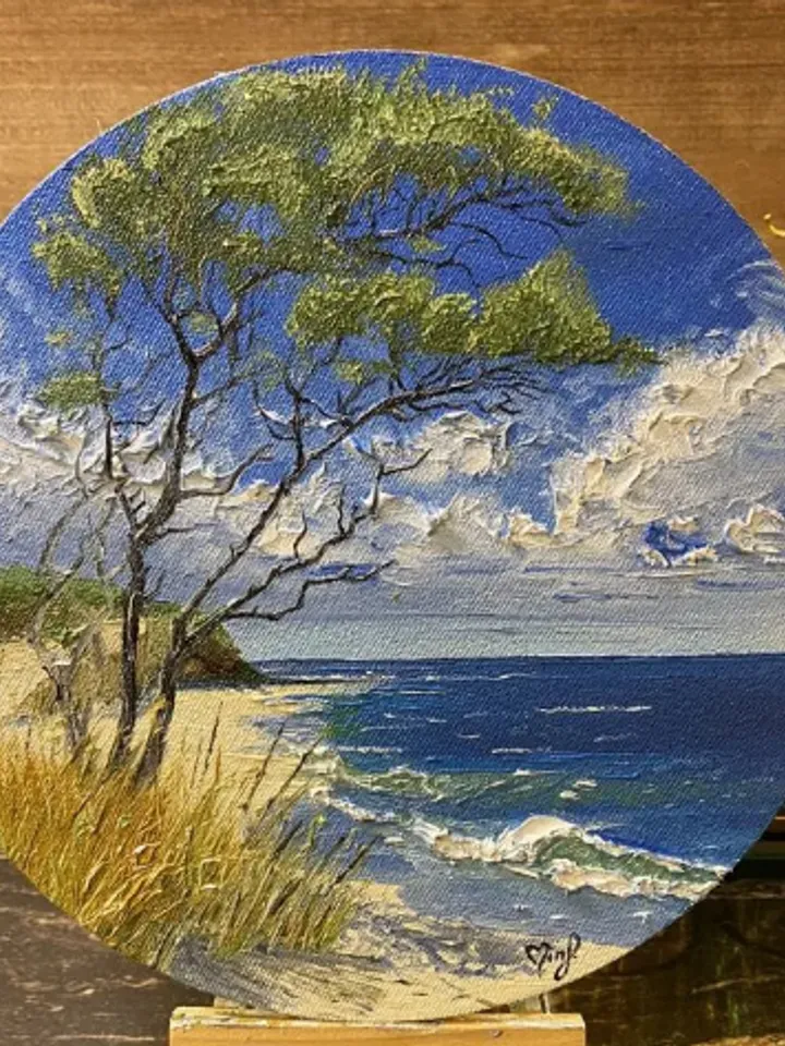 Painting "Tree by the sea", oil, diameter 25 cm