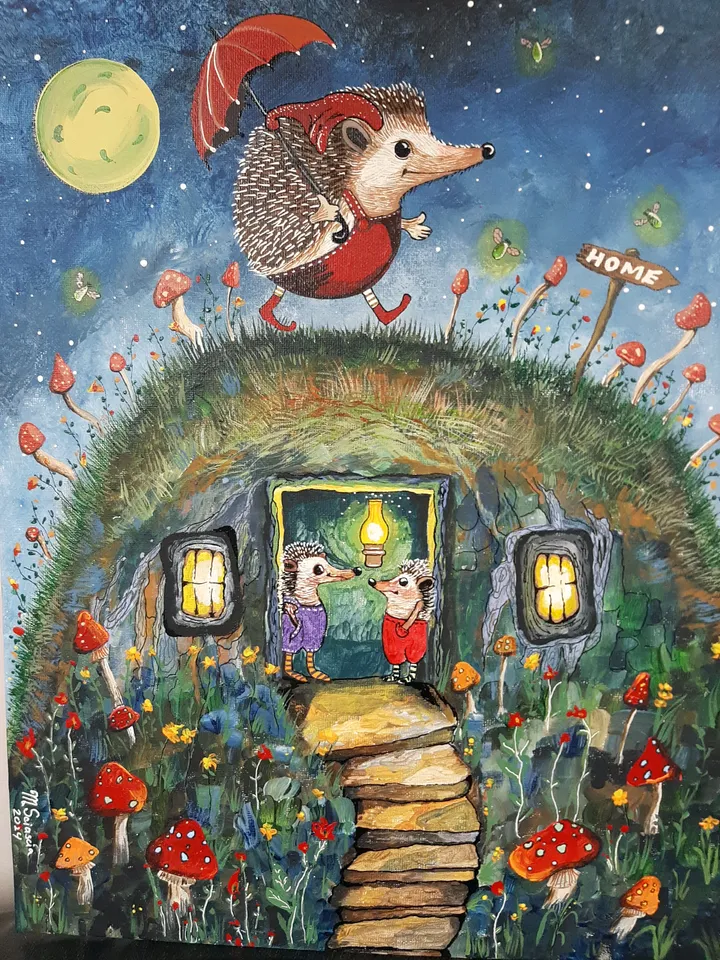 "Way Home' is original acrylic on a canvas board for children, nurses,collectors