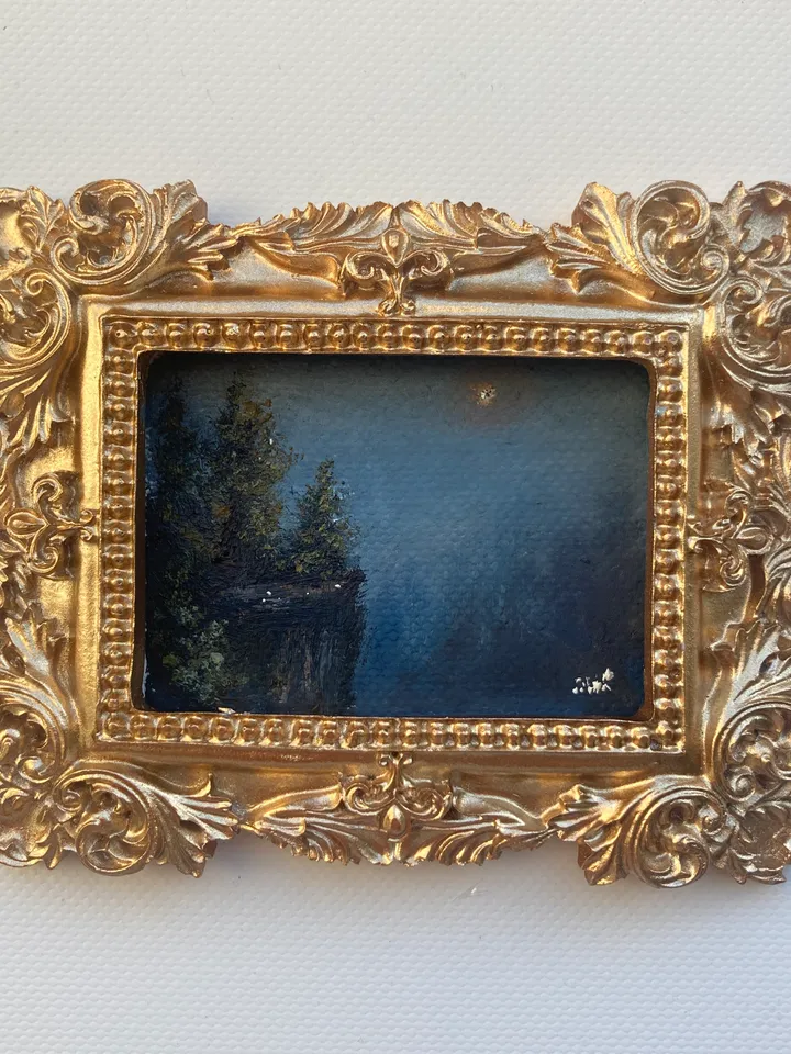 Small Landscape Oil Painting Framed Original Foggy Cliff Painting Antique Misty Art Gold Frame Tiny Paintings 3 x 4 Art