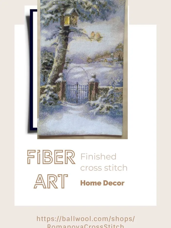 Handmade winter painting, nature landscape wall art, for wall decor, finished cross stitch
