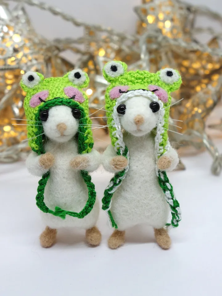 Charlie the mouse, miniature needle felted white mouse in a frog hat, made to order