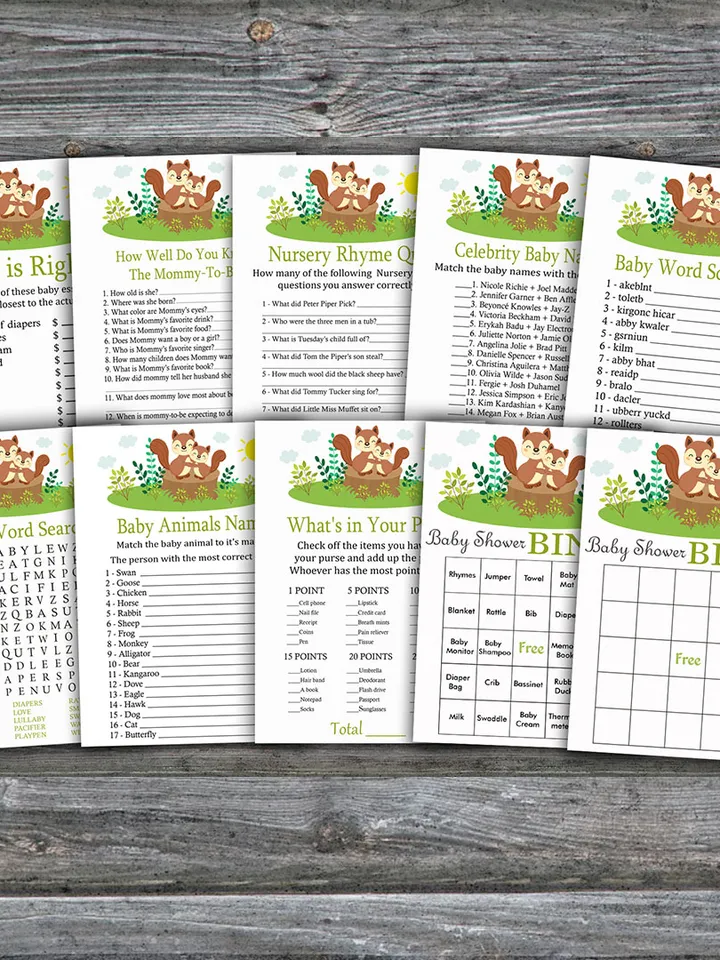 Squirrel baby shower games bundle,Woodland animals Baby Shower games package,Fun Baby Shower Games,9 Printable Games-292