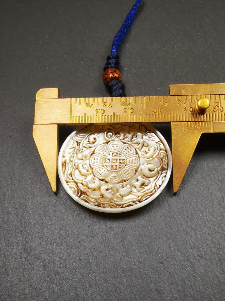 Antique Tibetan Buddhist Calendar Badge,Shell Carved Sipaho - Melong Mirror - Astrology Amulet Pendant - Protection & Feng Shui Decor