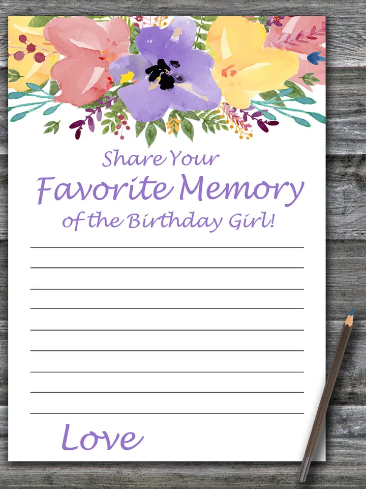 Watercolor flowers Favorite Memory of the Birthday Girl,Adult Birthday party game printable-Instant download
