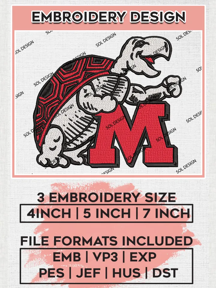 NCAA Maryland Terrapins Team Mascot Logo Embroidery Design Files, NCAA Maryland Terrapins Machine Embroidery, NCAA Teams, 3 sizes, NCAA Machine embroidery designs, Digital Download