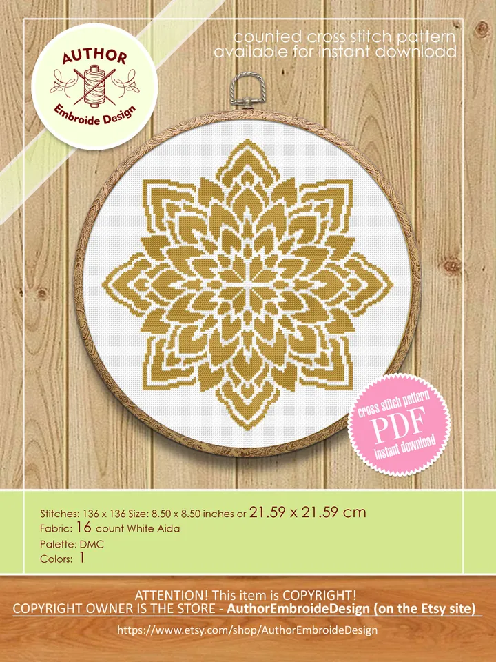 Monochrome mandala cross stitch pattern download PDF Floral ornament cross stitch chart, Flower mandala pattern digital PDF Home decor #M184