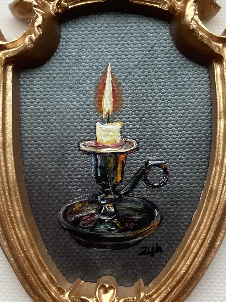 Candle Oil Painting Original In Vintage Style Frame Small Framed Still Life Art