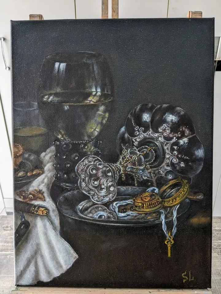 Oil Painting Still Life with Wine Glass, Pie and Antique Clock Original Art 16x12 inches