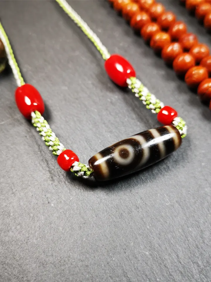Gandhanra Antique Tibetan 2 Eyed Dzi Bead Necklace, 1.2&quot; x 0.43&quot;, 30 Years Old