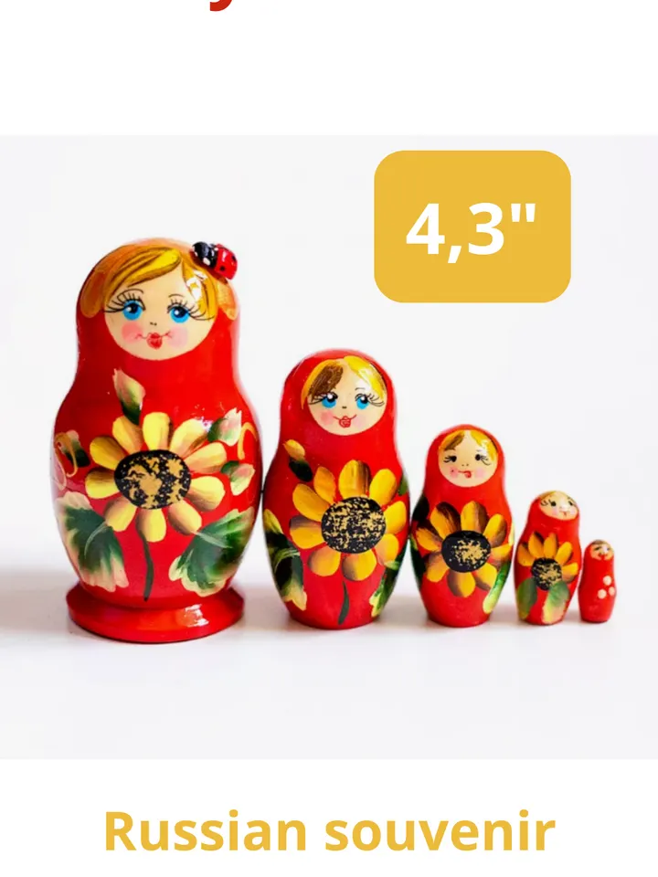Matryoshka wooden 4,3” souvenir. Set of 5 dolls in 1.
