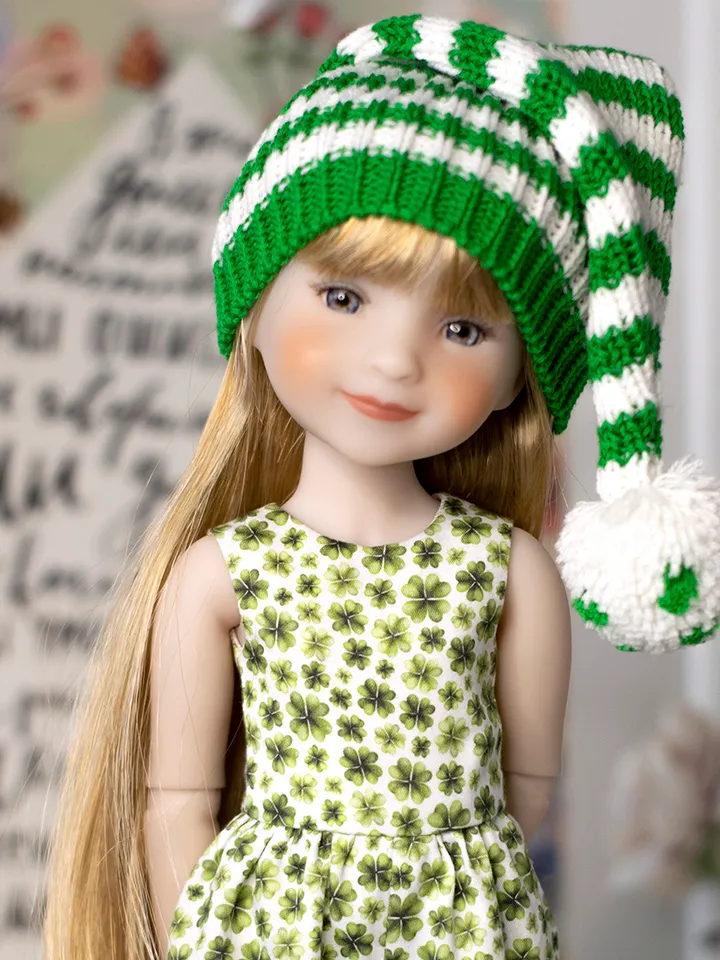 Green striped hat with pompom for Ruby Red Fashion Friends doll for Christmas or Saint Patrick's day, doll elf costume