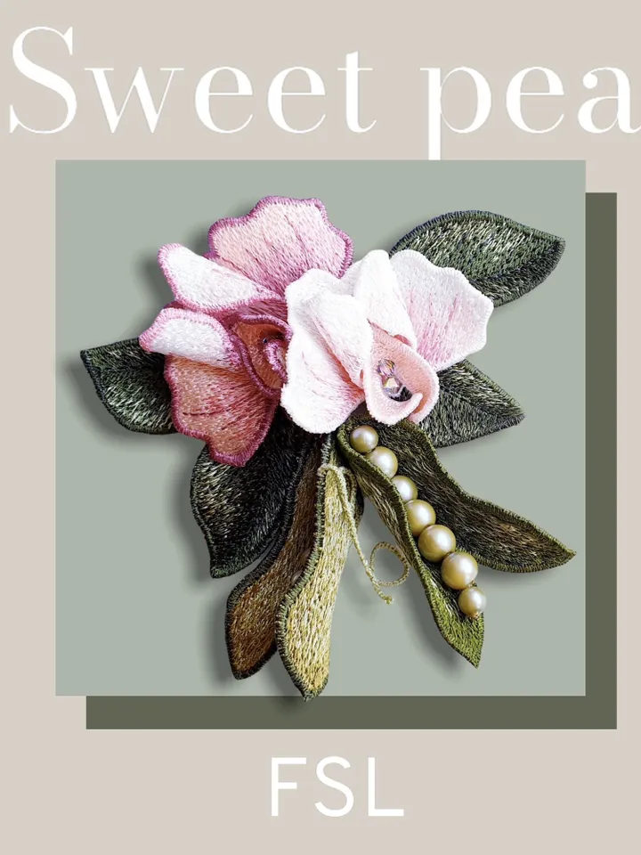 Sweet pea brooch FSL machine embroidery designs Free standing lace embroidery pattern 3D flower embroidery motif Flower FSLembroidery brooch