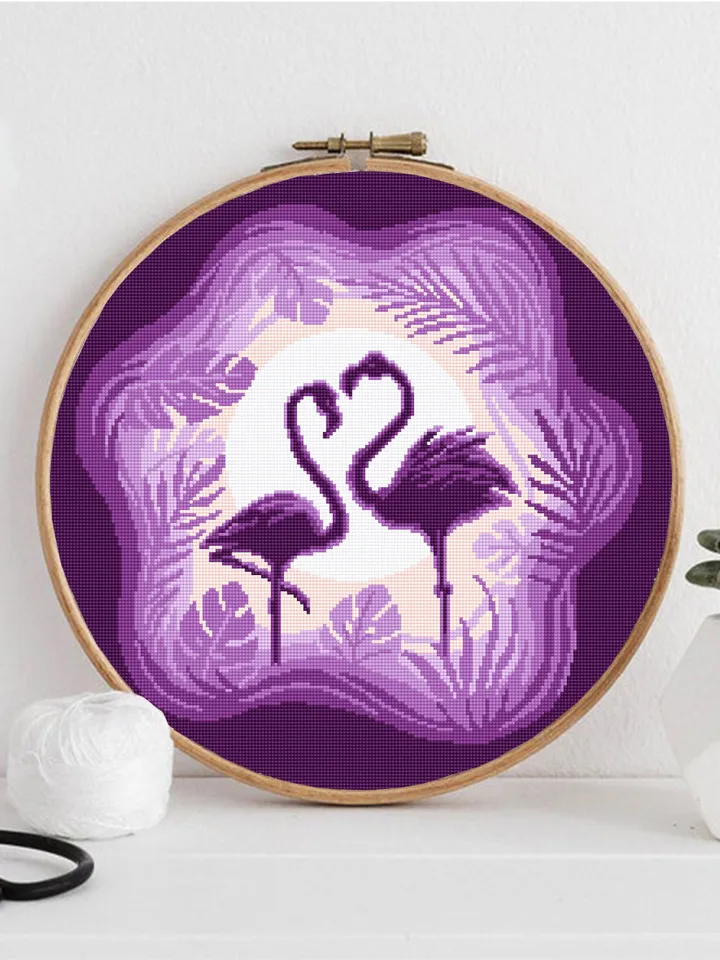 Flamingo cross stitch pattern download PDF, Purple cross stitch birds, Cute flamingo hand embroidery PDF, Tropical leaves cross stitch #L49