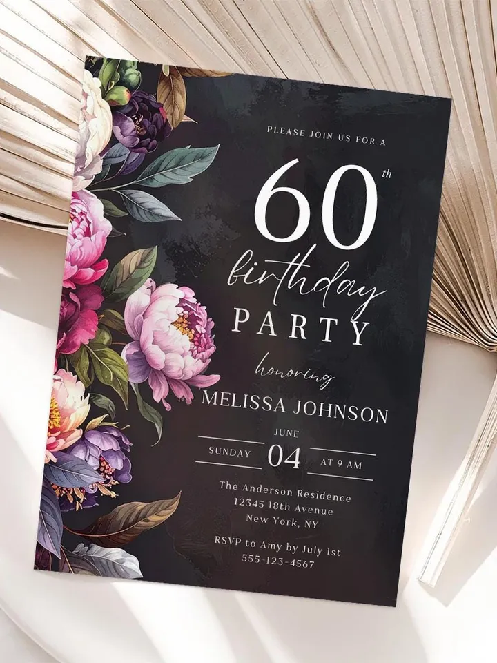 60th Birthday Invitation for women – Moody Burgundy & Blush Peony Floral Invitation, Elegant Dark Men Birthday Party Invite Canva Template