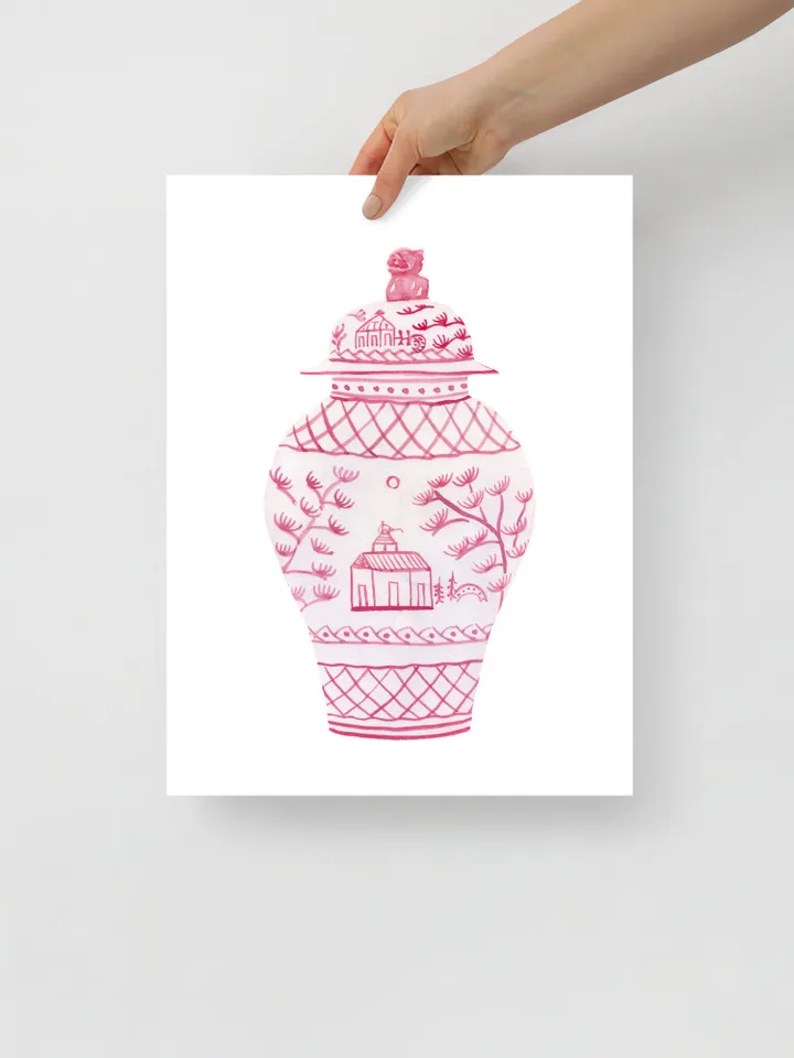 Pink Chinoiserie Set Of 2 Ginger Jar, Asian Vase Print, Dressing Room Art, Vintage Chinoiserie, Pagoda Decor Print, Chinoiserie Chic Art