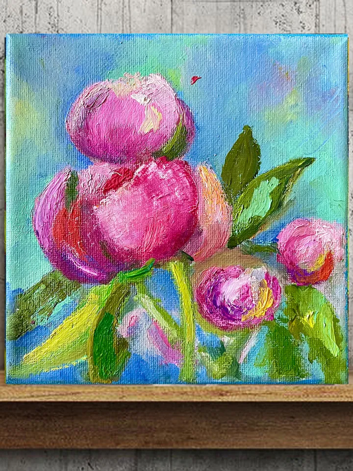 Peony oil painting on canvas, Small flower painting, Floral art