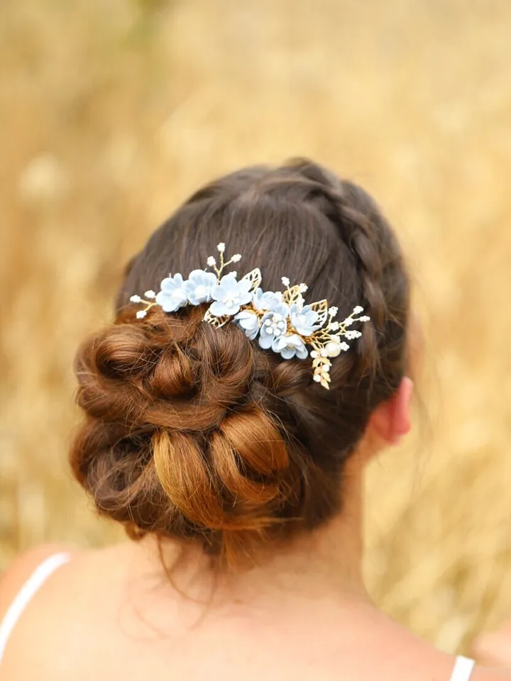 Light Blue Flowers Wedding Hair Comb, Floral Bridal Headband, Leaf Hair Comb, Hair Pins, Headpiece, Wedding Hair Accessories, Jewelry set