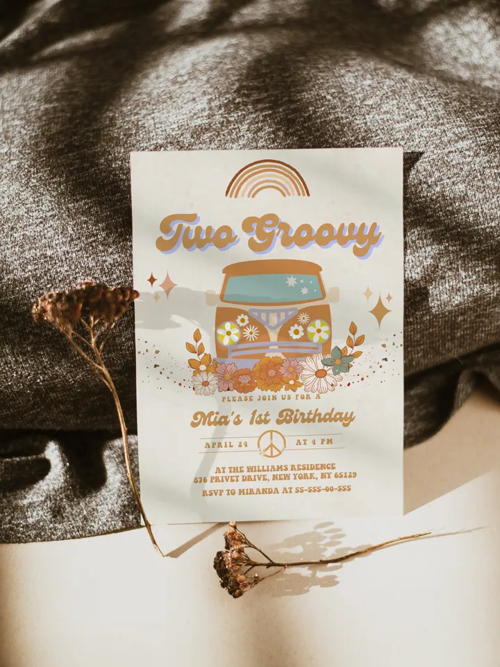 Two Groovy Editable Any Age Pink Groovy Van Daisy Rainbow Hippie Birthday Invitation Let's get Groovy 1st Birthday Invitation Template; gr1
