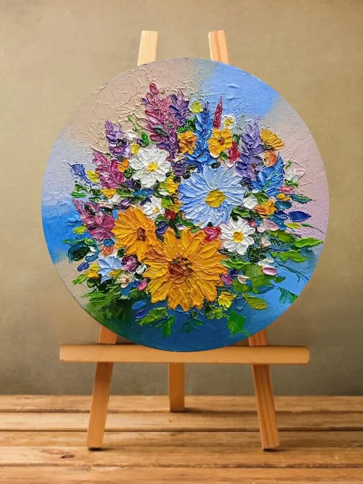 Round Oil Painting Bright Flowers Chamomile Sunflowers Miniature Impasto d.18 cm