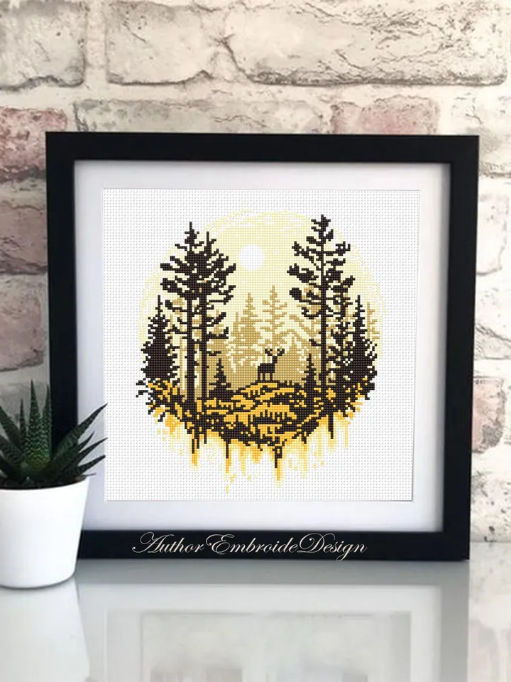 Nature landscape cross stitch pattern PDF download Deer cross stitch chart, Simple cross stitch beginner, Forest pattern digital PDF #L81